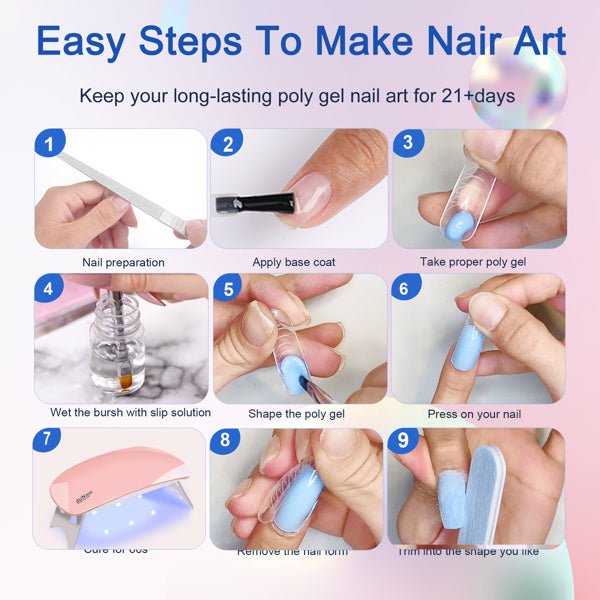 6 PCS Polygel Nail Kits With UV Light, Sliding Solution, Top Primer, Builder Nail Art Tools 6 PCS Polygel Nail Kits With UV Light, Sliding Solution, Top Primer, Builder Nail Art Tools