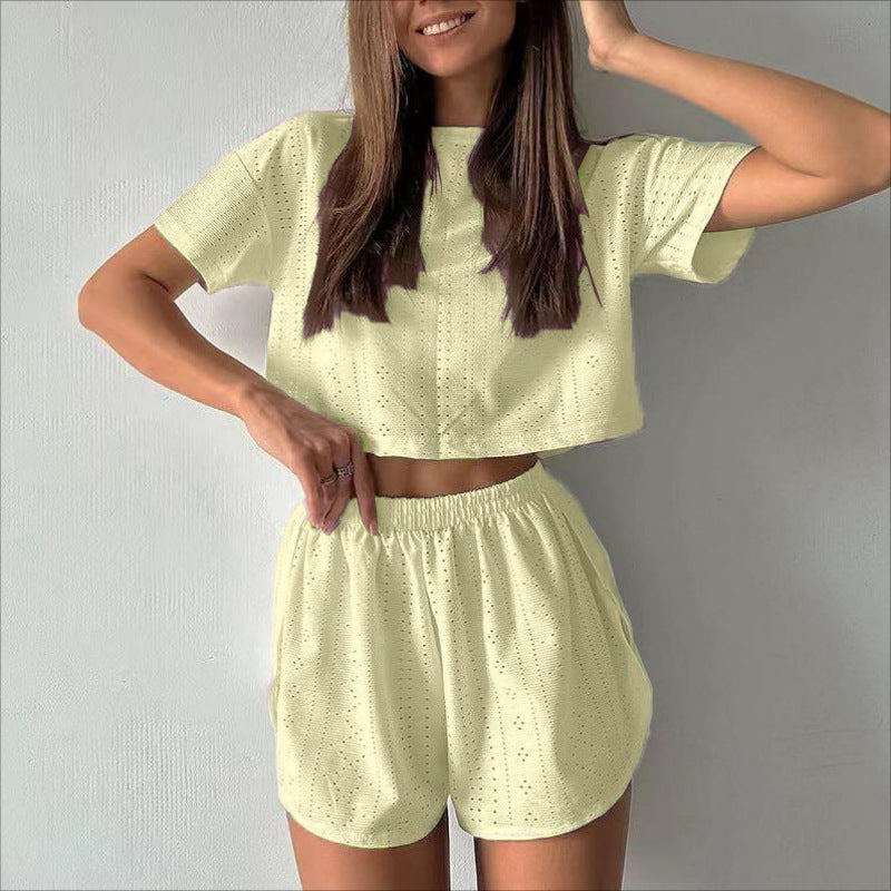 2pcs Casual Hollow Suit With Short-sleeved Crop Top And Elastic Slit Shorts Summer Fashion Sport Clothing For Women 2pcs Casual Hollow Suit With Short-sleeved Crop Top And Elastic Slit Shorts Summer Fashion Sport Clothing For Women