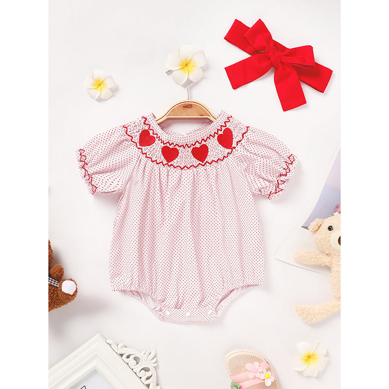 Newborn Baby Girls' Valentine's Day Smocked Romper Short Sleeve Heart Embroidery Jumpsuit Casual Cute Romper Newborn Baby Girls' Valentine's Day Smocked Romper Short Sleeve Heart Embroidery Jumpsuit Casual Cute Romper
