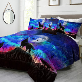 Galaxy Comforter Set Men 3D Wolf Bed Comforter Set 4 Piece Wolves Howling Bedding For Boys Retro Oil Painting Design Purple Blue And Black Bedding Set Queen King Size