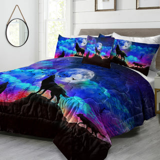 Galaxy Comforter Set Men 3D Wolf Bed Comforter Set 4 Piece Wolves Howling Bedding For Boys Retro Oil Painting Design Purple Blue And Black Bedding Set Queen King Size
