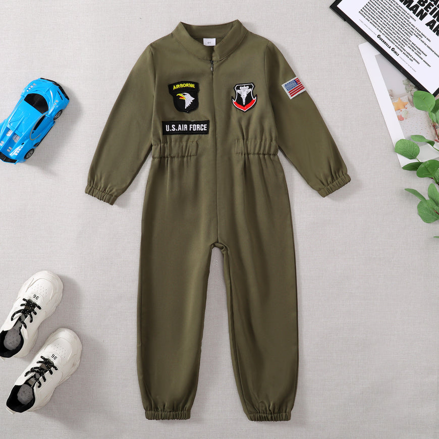 Toddler Boys Pilot Jumpsuit Army Green Long Sleeve Romper, Perfect For Birthday Party Outfits