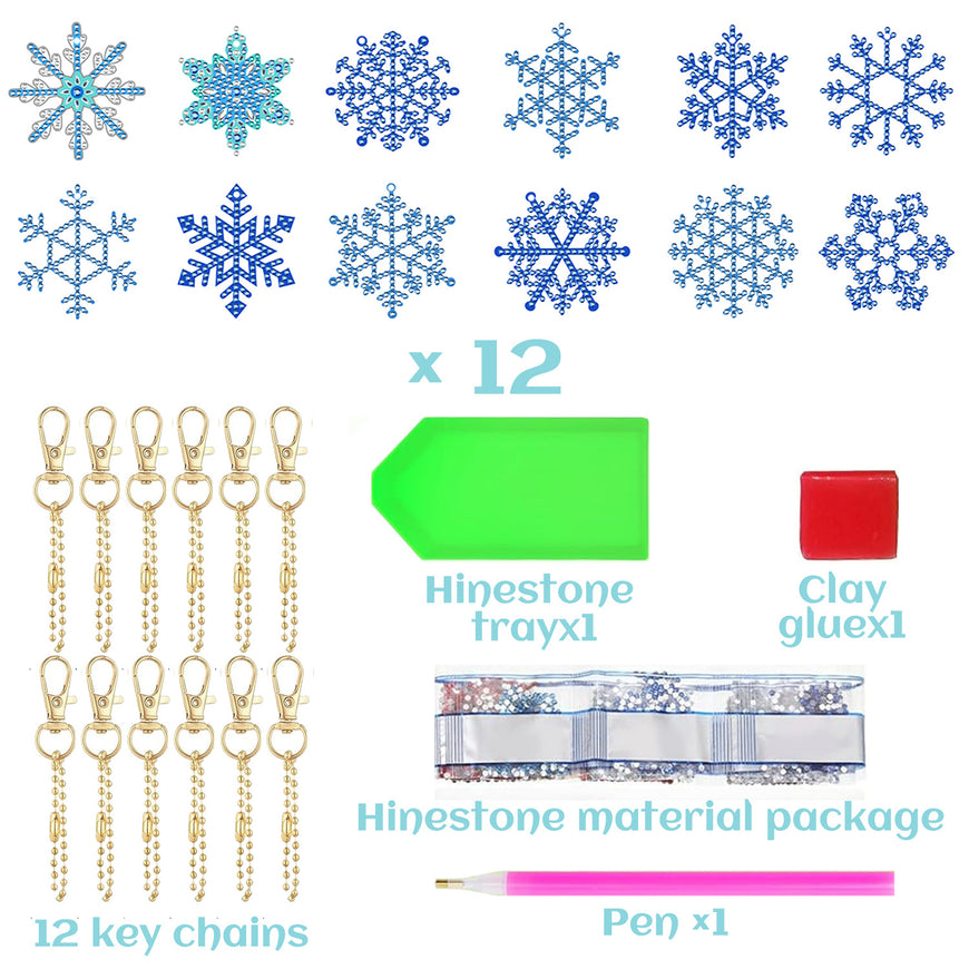 12 Packs Snowflake Rhinestones Painting Keychain Kits