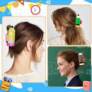 4Pcs Pencil Hair Clips Back To School Hair Accessories For Women Sunflower Leopard Stripe Hair Claw Clips Non Slip Hairpin For Thick Thin Hair School Opens Season Teachers Outfit Decor Clearance