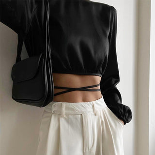 New Lace-up Backless Design Sense Short Section Sexy Navel Long-sleeved Tops Europe And The United States Women Blouses