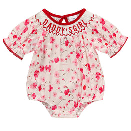 Infant Girls' Floral Smocked Romper 'DADDY'S Girl' Embroidery Short Sleeve Crew Neck Adorable Princess Party Bodysuit