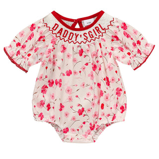 Infant Girls' Floral Smocked Romper 'DADDY'S Girl' Embroidery Short Sleeve Crew Neck Adorable Princess Party Bodysuit