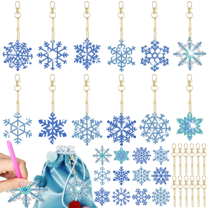 12 Packs Snowflake Rhinestones Painting Keychain Kits