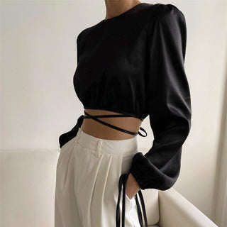 New Lace-up Backless Design Sense Short Section Sexy Navel Long-sleeved Tops Europe And The United States Women Blouses