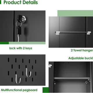 Aobabo Black Metal Cleaning Tool Storage Cabinet With Lockable Door With Keys, Adjustable Shelves, Pegboard, 13 Hooks, Broom Closet Storage Cabinet For Janitorial Supplies