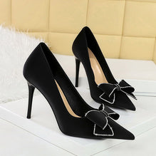 Rhinestone Bow Stiletto Heel Pumps Pointed High Heels