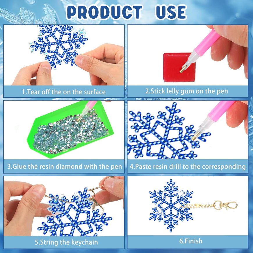 12 Packs Snowflake Rhinestones Painting Keychain Kits
