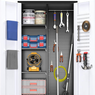 Broom Closet Storage Cabinet, Metal Cabinets With 13 Hooks And Hanging Rods, Metal Storage Cabinet, Heavy Duty Cleaning Cabinet For Garage, Laundry Room