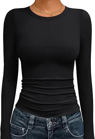 Trendy Queen Womens Long Sleeve Shirts Fall Fashion 2025 Basic Crop Tops Going Out Workout Outfits Y2k Clothes