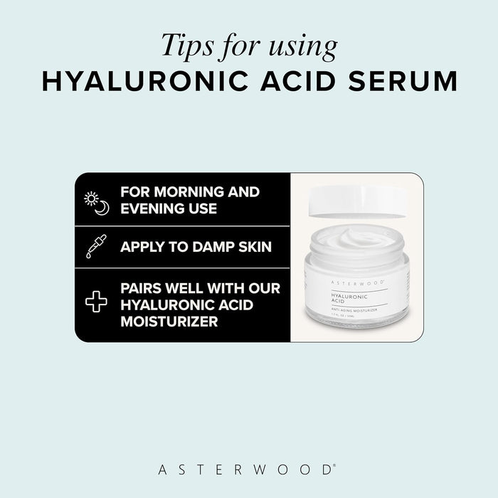 Suero de ácido hialurónico de 8 onzas, 100% puro HA orgánico, antienvejecimiento, antiarrugas, hidratante facial original para piel seca y líneas finas, deja la piel completa, ASTERWOOD NATURALS, botella con bomba
