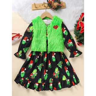 Toddler Kids Baby Girl Christmas Dress Outifts, Long Sleeves Cartoon Prints Party Dress With Heart Print Vest Coat Xmas Clothes Set