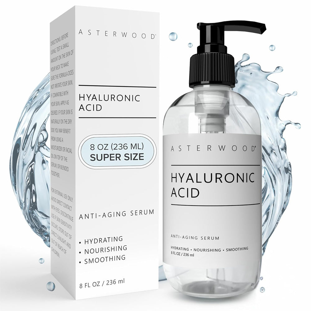 Suero de ácido hialurónico de 8 onzas, 100% puro HA orgánico, antienvejecimiento, antiarrugas, hidratante facial original para piel seca y líneas finas, deja la piel completa, ASTERWOOD NATURALS, botella con bomba