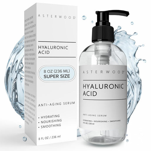 Suero de ácido hialurónico de 8 onzas, 100% puro HA orgánico, antienvejecimiento, antiarrugas, hidratante facial original para piel seca y líneas finas, deja la piel completa, ASTERWOOD NATURALS, botella con bomba