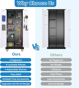 Broom Closet Storage Cabinet, Metal Cabinets With 13 Hooks And Hanging Rods, Metal Storage Cabinet, Heavy Duty Cleaning Cabinet For Garage, Laundry Room