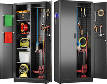 Aobabo Black Metal Cleaning Tool Storage Cabinet With Lockable Door With Keys, Adjustable Shelves, Pegboard, 13 Hooks, Broom Closet Storage Cabinet For Janitorial Supplies