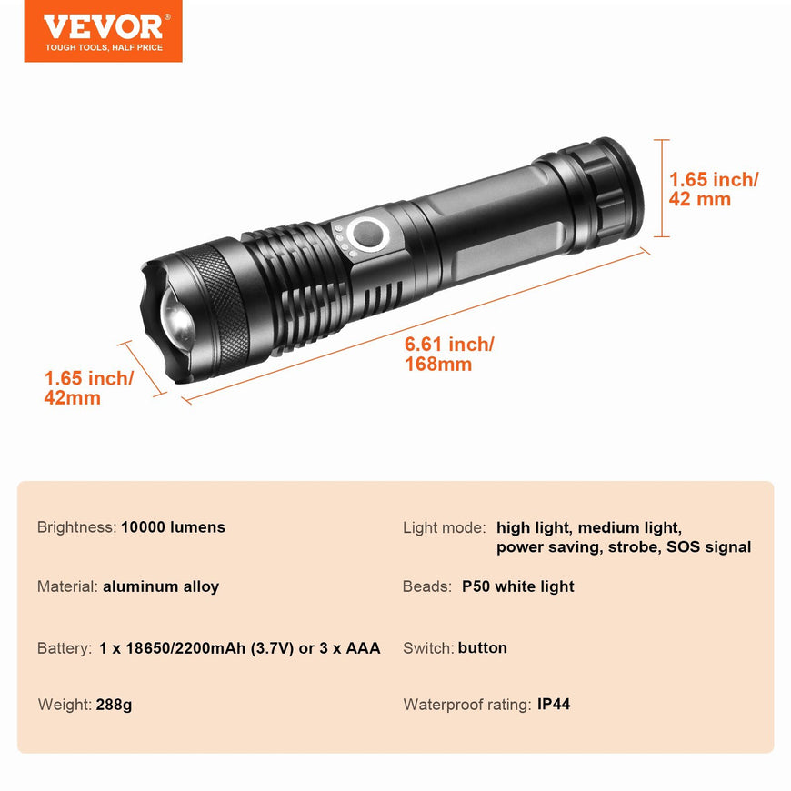 VEVOR10000Lumen High Lumens Flashlight, 5 Lighting Modes Rechargeable