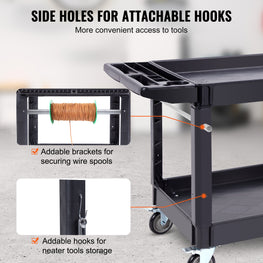 VEVOR Utility Service Cart, 2 Shelf 550LBS Heavy Duty Plastic Rolling Utility Cart With Swivel Wheels 2 With Brakes, Large Lipped Shelf, Ergonomic Storage Handle For Warehouse Garage Cleaning
