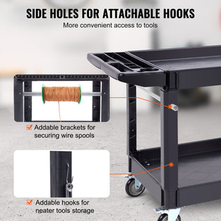 VEVOR Utility Service Cart, 2 Shelf 550LBS Heavy Duty Plastic Rolling Utility Cart With Swivel Wheels 2 With Brakes, Large Lipped Shelf, Ergonomic Storage Handle For Warehouse Garage Cleaning