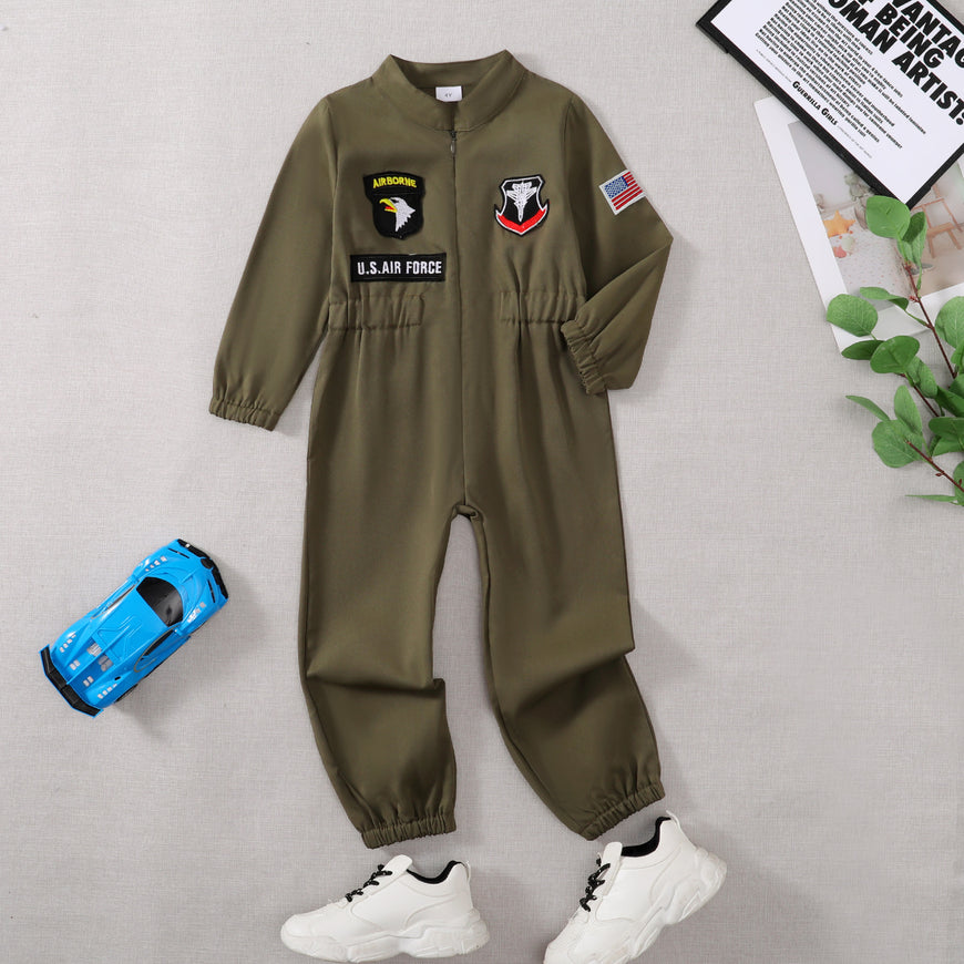 Toddler Boys Pilot Jumpsuit Army Green Long Sleeve Romper, Perfect For Birthday Party Outfits