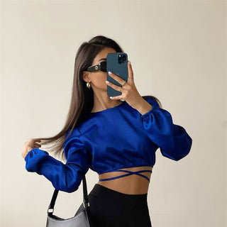 New Lace-up Backless Design Sense Short Section Sexy Navel Long-sleeved Tops Europe And The United States Women Blouses
