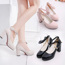 Buckle Chunky Pumps Round Toe Beaded Princess Shoes Ladies High Heels